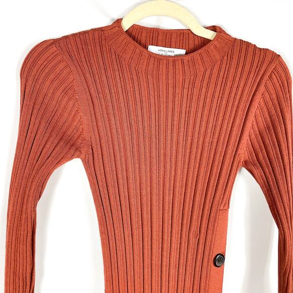 Adam Lippes Side Button Midi Dress Ribbed Sweater Brown Long Split Sleeve Sz XS - Picture 5 of 11